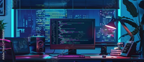 A modern workspace with a computer displaying programming code