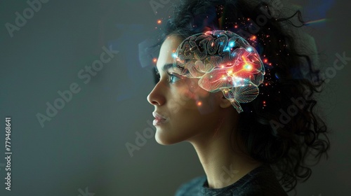 A pensive woman with a projected holographic brain image representing thought