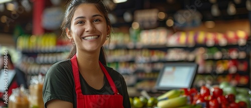 A welcoming supermarket cashier in a red apron smiles at the camera photo
