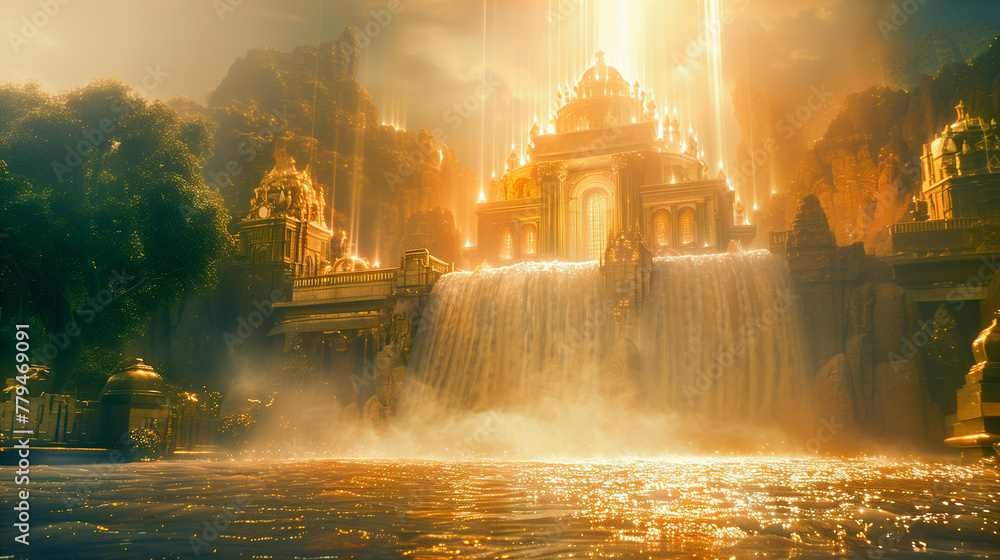 Naklejka premium New Jerusalem, heavenly, magical, futuristic city with a waterfall flowing under it