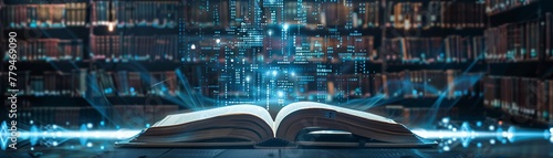 An open book in a library emits digital data streams