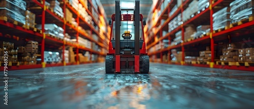 Warehouse forklift stacker equipment for pallet loading and transport. Concept Warehouse Equipment, Forklift Stacker, Pallet Loading, Transport, Warehouse Operations photo
