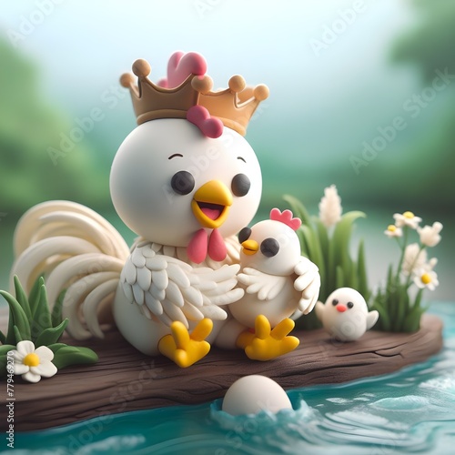 A cute white rooster with a crown sitting on the side of a river  holding a white hen and smiling  Claymation style