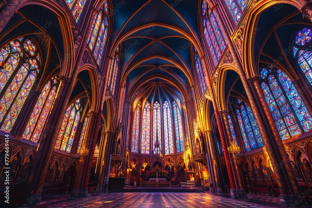 The grand interior of a gothic cathedral with radiant stained glass windows and towering arches