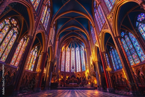 The grand interior of a gothic cathedral with radiant stained glass windows and towering arches