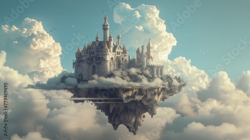 A surrealistic depiction of a floating castle AI generated illustration