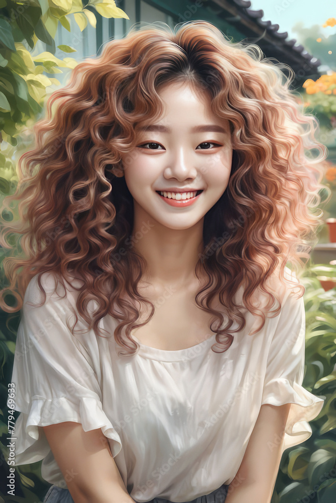 smiling Korean Kpop idol with curly hair in garden, Digital painting