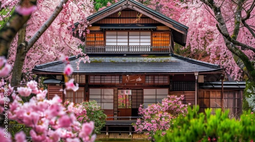 A traditional Japanese teahouse surrounded by cherry blossoms  AI generated illustration photo
