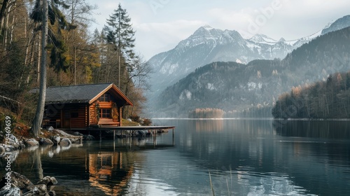 A tranquil lakeside cabin with a view of the mountains AI generated illustration