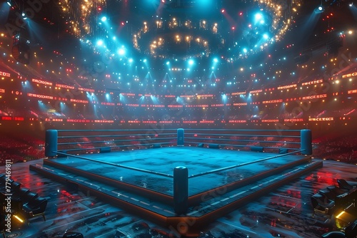 Empty Wrestling Ring in Darkened Arena