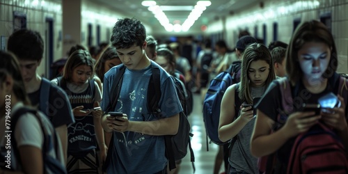 A group of people in a hallway, all of them looking at their cell phones. Scene is somewhat negative