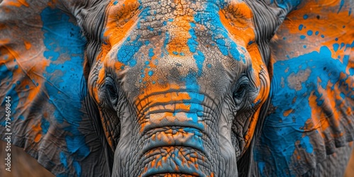 A colorful elephant with blue and orange paint on its face © xartproduction