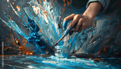 Icon of an artist working on a masterpiece when suddenly you knock over a jar of paint creating  Generative AI photo