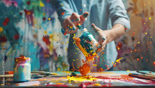 Icon of an artist working on a masterpiece when suddenly you knock over a jar of paint creating Generative AI