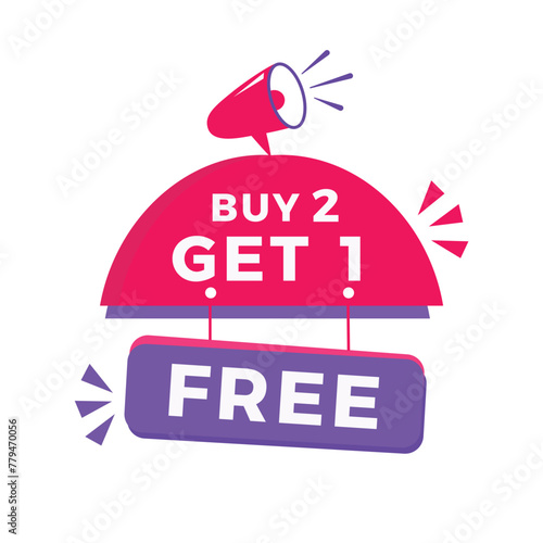 Buy 2 get 1 free label icon for announcement, advertising, vector. Flat design hanging banner, advertising, announcement.