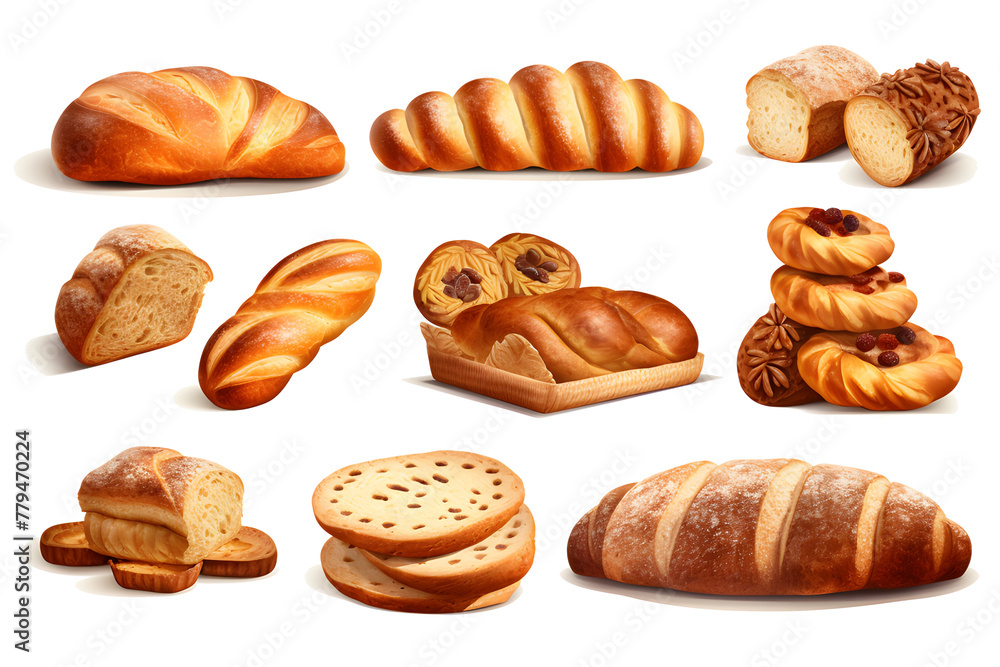 Set of various sweet breads Slices and bakery or pastries, isolated cartoon vector set of bakery products translucent background Set of various sweet breads Slices and bakery or pastries, isolated cartoon vector set of bakery products translucent background