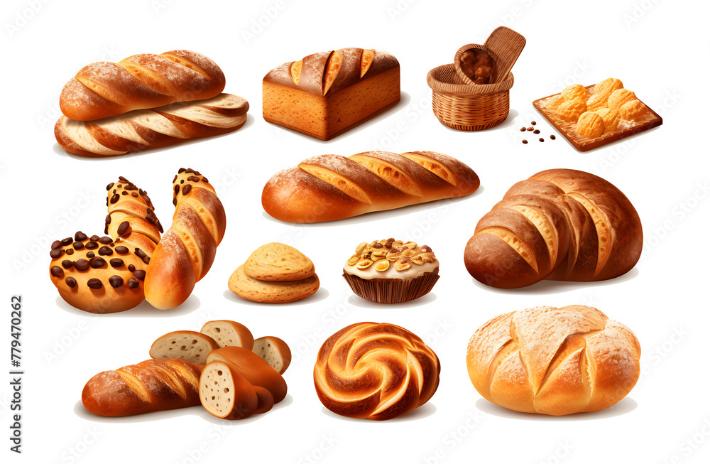 Set of various sweet breads Slices and bakery or pastries, isolated cartoon vector set of bakery products translucent background Set of various sweet breads Slices and bakery or pastries, isolated cartoon vector set of bakery products translucent background