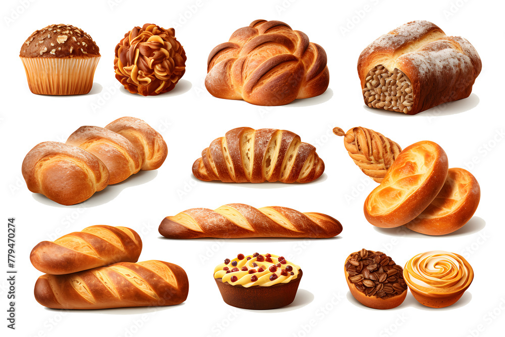 Set of various sweet breads Slices and bakery or pastries, isolated cartoon vector set of bakery products translucent background Set of various sweet breads Slices and bakery or pastries, isolated cartoon vector set of bakery products translucent background