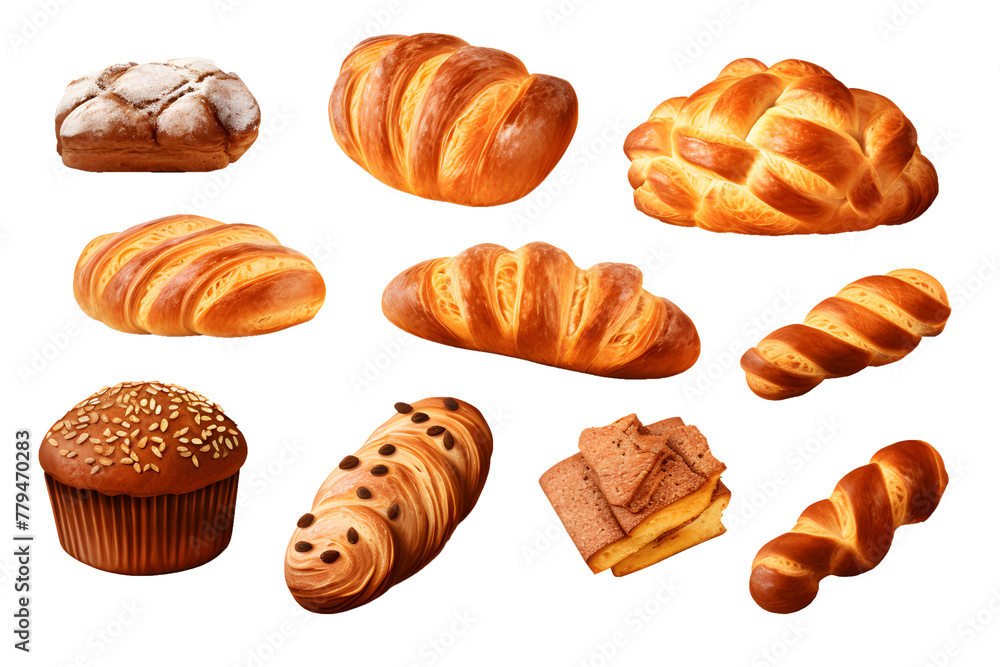 Set of various sweet breads Slices and bakery or pastries, isolated cartoon vector set of bakery products translucent background Set of various sweet breads Slices and bakery or pastries, isolated cartoon vector set of bakery products translucent background