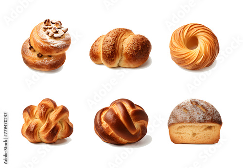 Set of various sweet breads Slices and bakery or pastries, isolated cartoon vector set of bakery products translucent background