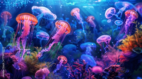A vibrant underwater scene with glowing jellyfish and bioluminescent creatures AI generated illustration