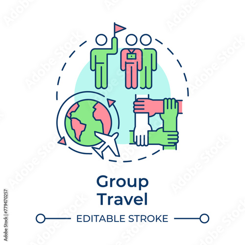 Group travel multi color concept icon. Guided tour. Global journey with companions. Globetrotting. Round shape line illustration. Abstract idea. Graphic design. Easy to use in application