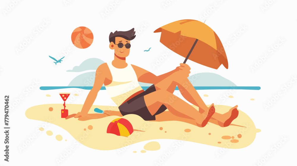 Summer beach activities. Guy plays beach flat vector isolated