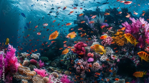 A vibrant underwater scene with schools of colorful fish and coral reefs AI generated illustration