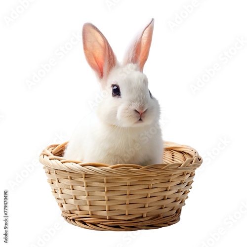 White rabbit in a basket isolated on transparent background