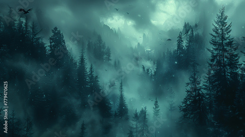 A dark brooding forest where griffins nest atop the highest trees photo