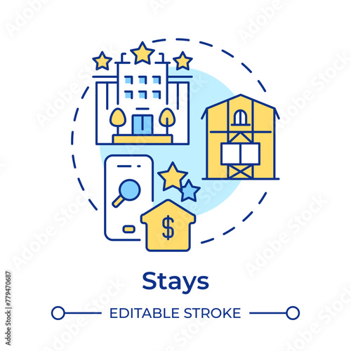 Stays multi color concept icon. Travel service. Online booking. Vacation rentals. Hospitality service. Round shape line illustration. Abstract idea. Graphic design. Easy to use in application