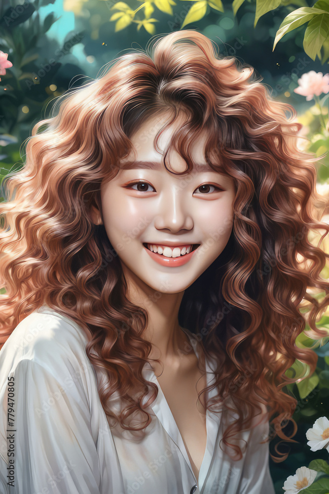 smiling Korean Kpop idol with curly hair in garden, Digital painting smiling Korean Kpop idol with curly hair in garden, Digital painting