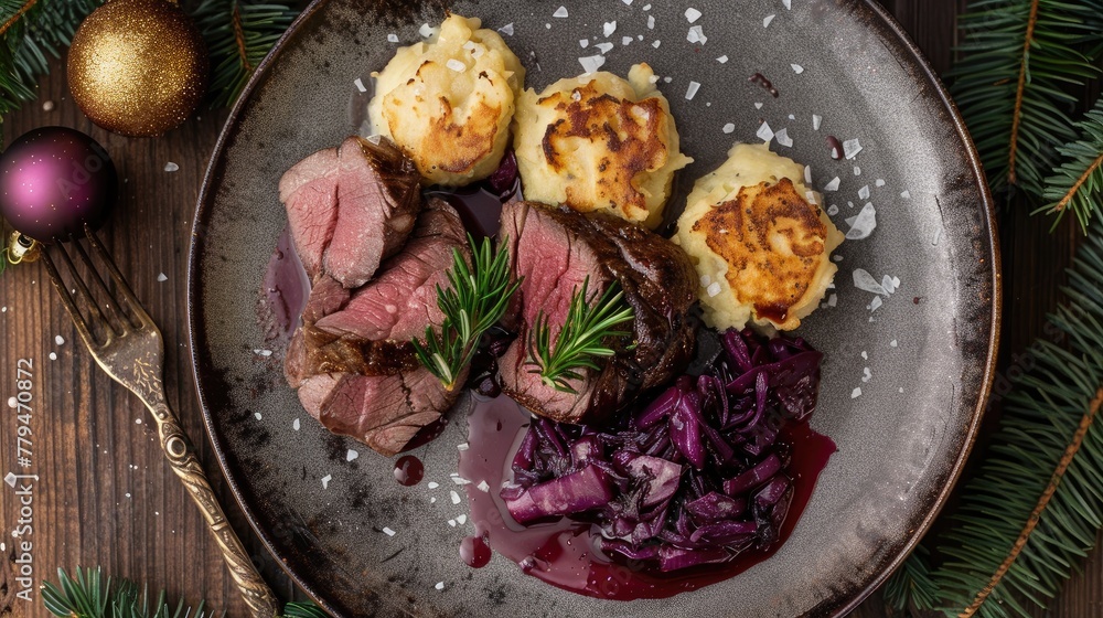 Roast beef with dumplings and red cabbage. Top view Roast beef with dumplings and red cabbage. Top view