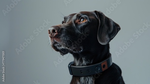 Portrait of a dog with a collar on a gray background. photo