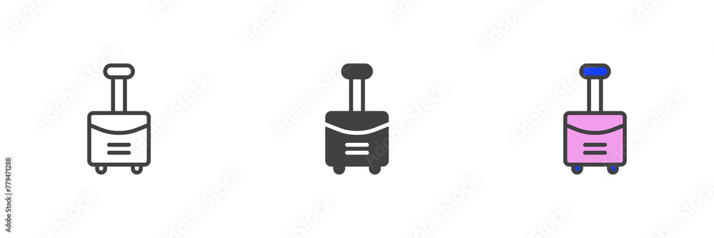 Suitcase with wheels different style icon set Suitcase with wheels different style icon set