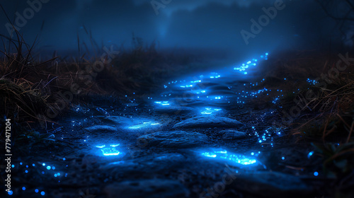 A mystical path where the footprints of invisible creatures leave glowing marks on the ground