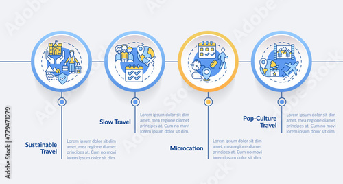 Travel trends blue circle infographic template. Tourism. Data visualization with 4 steps. Editable timeline info chart. Workflow layout with line icons. Lato-Bold, Regular fonts used