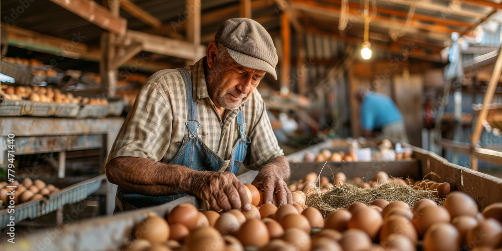 A man is working in a chicken coop, sorting through eggs A man is working in a chicken coop, sorting through eggs