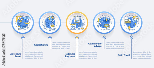 Trends in traveling blue circle infographic template. Travel industry. Data visualization with 5 steps. Editable timeline info chart. Workflow layout with line icons. Lato-Bold, Regular fonts used