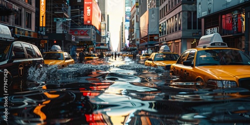 A flooded street with taxis and people walking in the water