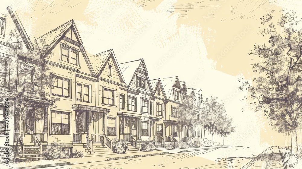 A vintage-inspired sketch of a row of townhouses  AI generated illustration