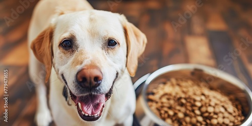 A dog is sitting in front of a bowl of food photo