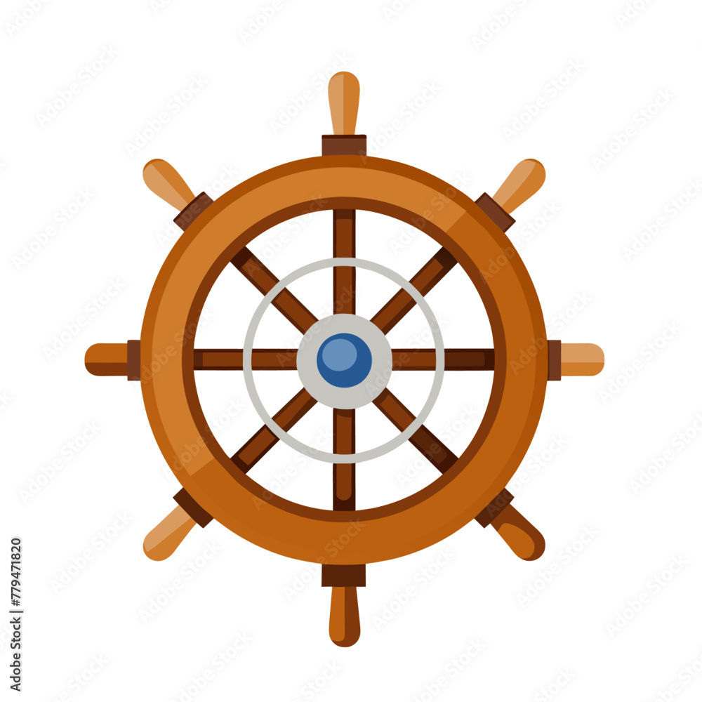 steering wheel. An old wooden ship's rudder for steering on the sea. Pirate steering wheel