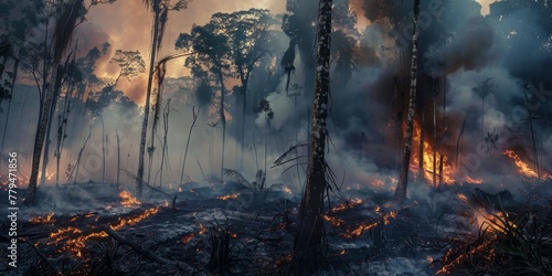 A forest fire is raging through a wooded area photo