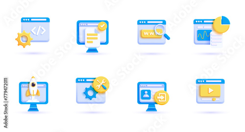 3d business icon set. Trendy illustrations of Digital Business, App development, Marketing, Data Analysis, Startup, Education, Ui, Seo Stock Market, Finance. Render 3d vector objects