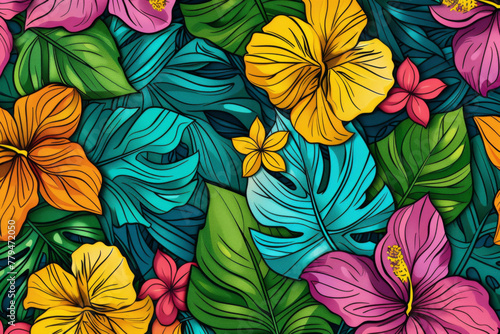 Colorful tropical flowers and leaves form a seamless pattern. A colorful exotic jungle vector illustration background features floral elements © wanna