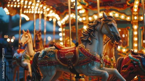 A whimsical carousel with brightly painted horses and twinkling lights AI generated illustration