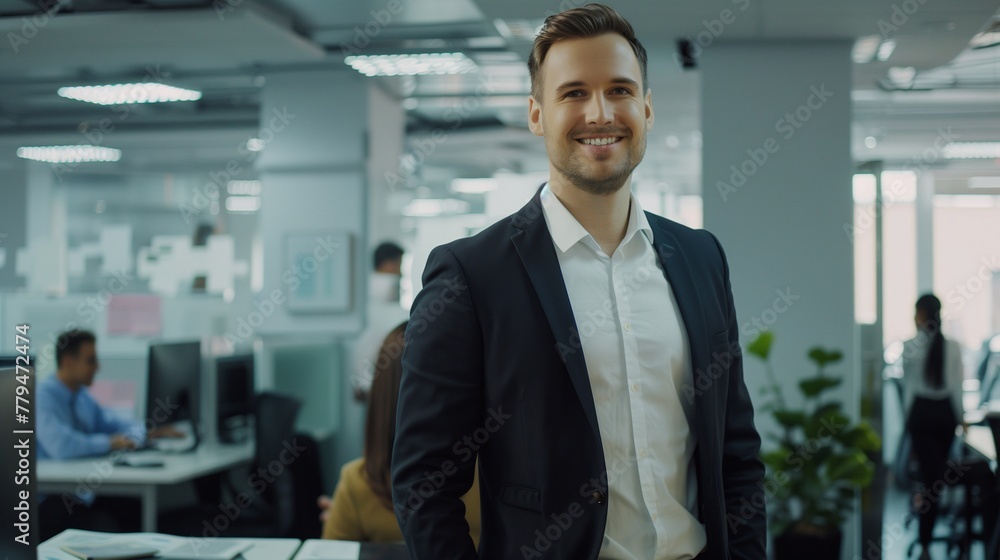 Time management: the manager and his effective work process. Man smiles and feels confident and successful in the office Time management: the manager and his effective work process. Man smiles and feels confident and successful in the office