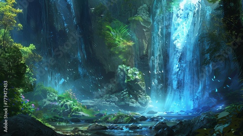 A whimsical concept of a magical realm hidden behind a waterfall  AI generated illustration