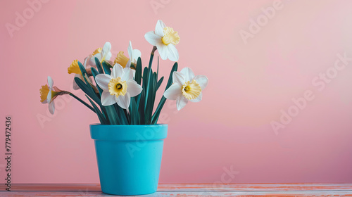 A delightful flowering narcissus, potted in a blue container, displayed against a pink background